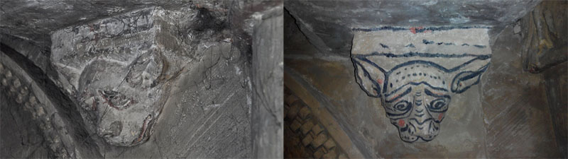 Antes y después de la restauración de una de las ménsulas de la iglesia de la Trinidad en Segovia